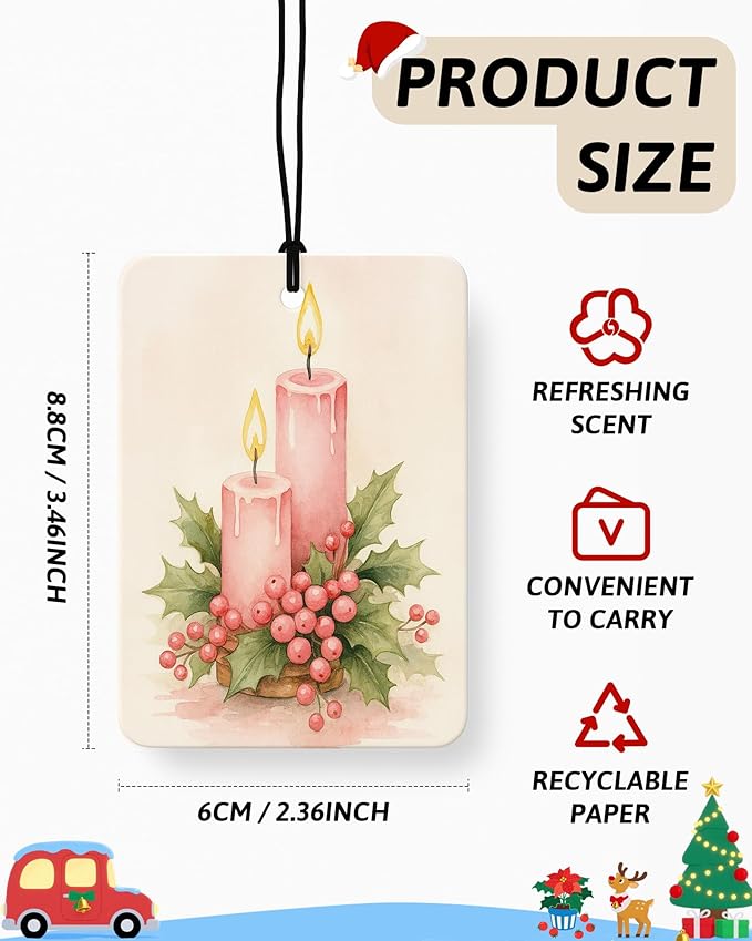 Pink Christmas Berry Car Air Freshener 4 Pcs, Coquette Pink Bow Xmas Tree Candle Reindeer Bell Hanging Air Freshener for Cars Closet Drawer Books, Girly Car Accessories Mirror Decor for Women