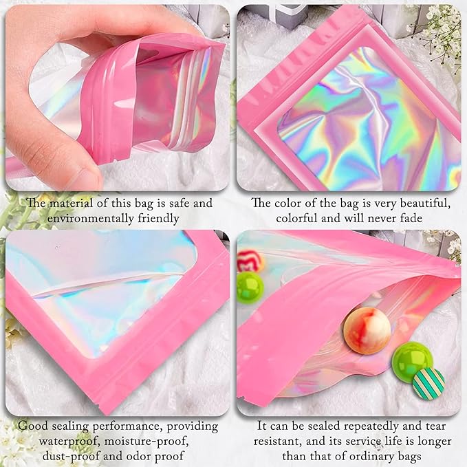 ANZNKU 100 Pcs Smell Proof Mylar Resealable Bags, Holographic Packaging Bags, Resealable Odor Foil Pouch Zip Bag with Clear Window for Food Storage and Lipgloss, Jewelry Lash(Pink, 5.5 x 7.9 Inch)