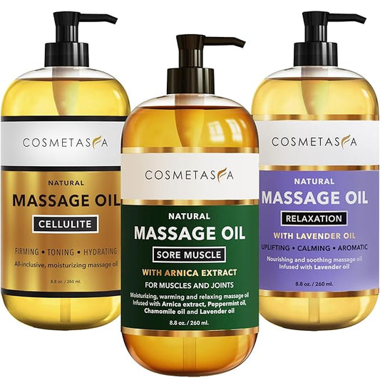 Cosmetasa Massage Oil Set - Arnica & Peppermint Sore Muscle Relief, Cellulite & Lavender Body Massage Oils - Gua Sha Therapy