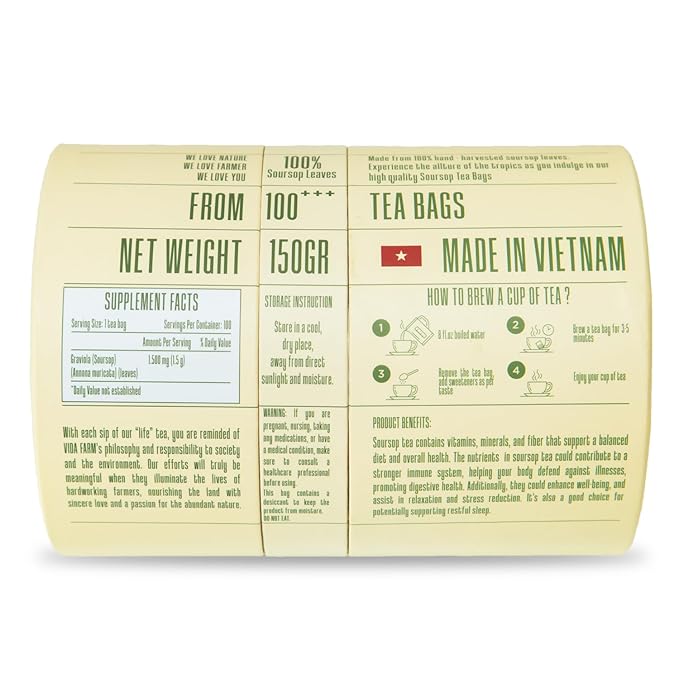 VIDA FARM 100 Soursop Leaves Tea Bags, 100% Natural Soursop Graviola Leaf Tea Bags, Dried Guanabana Leaves Herbal Tea Bags, Herbal Leaf Tea, No Sugar, No Caffeine, Vegan