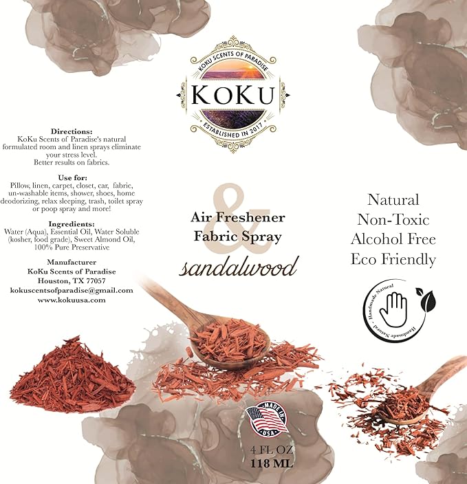 Sandalwood Air Freshener - Room Spray - Odor Eliminator - Deodorizer - Car Air Freshener - Home Spray - Linen Spray - Fabric Refresher - Non-Toxic - Alcohol Free - 4 Oz