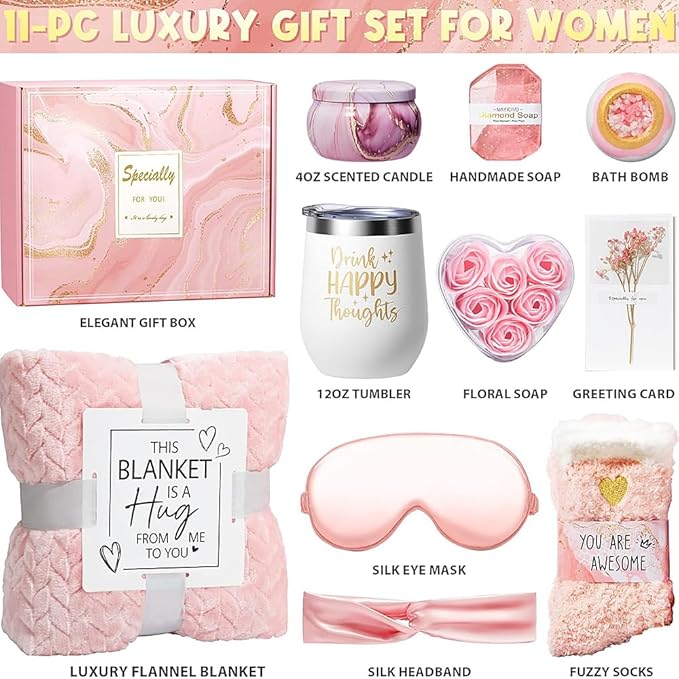 Self Care Gifts for Women Pink Birthday Gift Set Spa Gift Set 11 Unique Get Well Soon Package Thinking of You Inspirational Mothers Day Baskets for Mom Wife Friend Sister