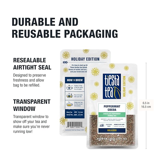 Tiesta Tea Cozy Peppermint Cocoa, Premium Loose Leaf Blends, Chocolate Peppermint Herbal Tea, Caffeine-Free, Holiday Blend, Holiday Edition, Hot or Iced Brew, Up to 25 Cups, 1.5oz Resealable Pouch