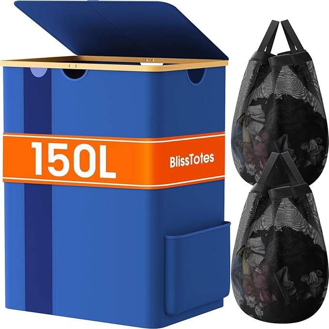 Laundry Basket Clothes Hamper with Lid and Pocket Large Collapsible Laundry Baskets with Handle, Blue Freestanding Hampers for Bedroom Aesthetic, Dorm, Bathroom, Laundry Room (150L)