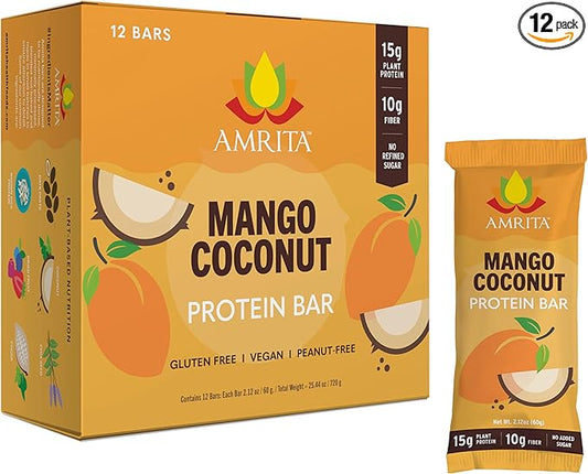 Amrita Nut Free Mango Coconut Vegan Protein Bars (12 Count) | 11g Plant-Based Protein Bar | Peanut Free, Gluten Free, and Dairy Free | Low Sugar, High Fiber, Healthy School-Safe Snacks