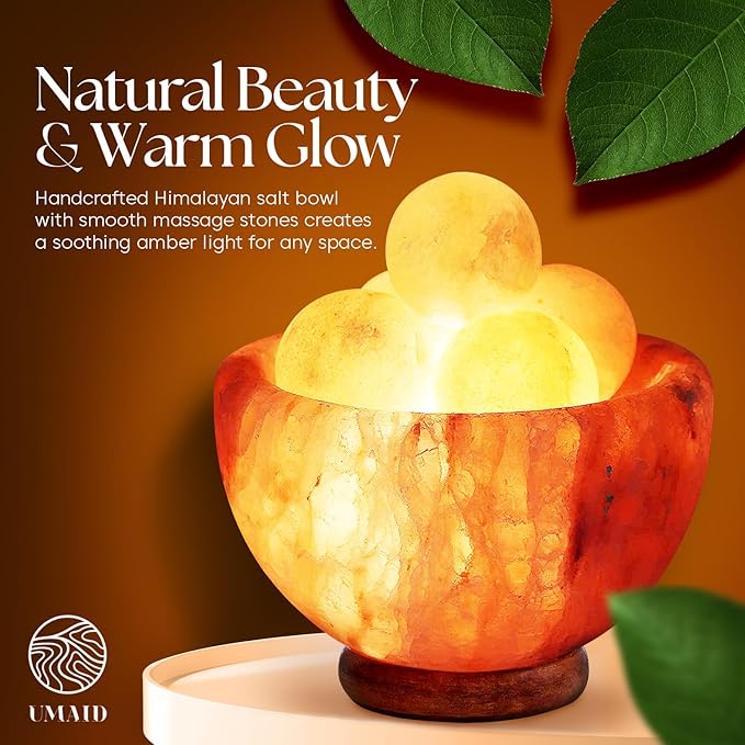 UMAID Himalayan Salt Lamp Bowl with 6 Massage Balls – Dimmable Natural Pink Rock Salt Lamp for Relaxation, Meditation,Yoga, Spa, Office, Bedroom, Wellness, Home Decor, and Unique Gift