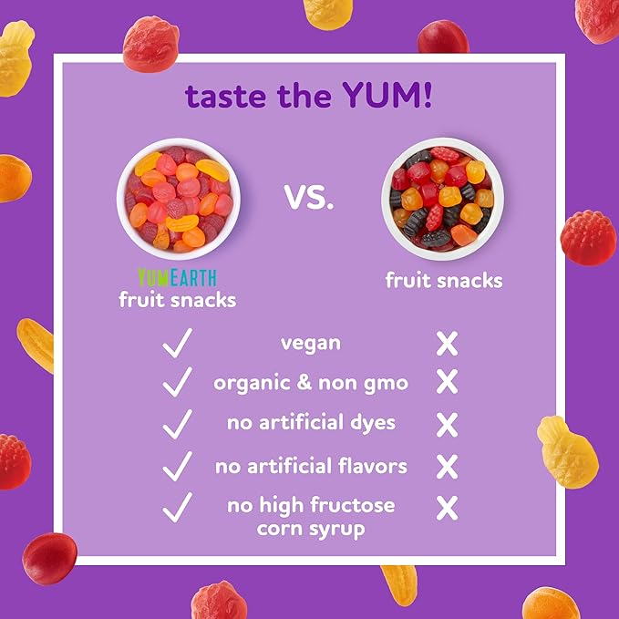 YumEarth Organic Fruit Snacks,Fruit Flavored Snack Packs, Allergy Friendly, Gluten Free, Non-GMO, Vegan, No Artificial Flavors or Dyes 2oz (Pack of 12)