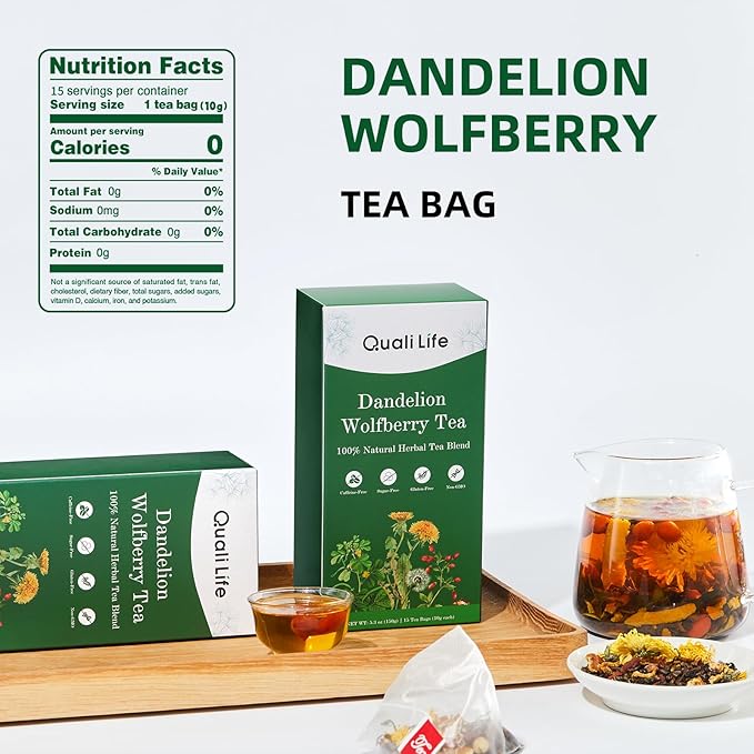 Dandelion Wolfberry Tea - Liver & Kidney Detox Herbal Tea, Summer Cleanse with Chrysanthemum, Wolfberry, Organic Dandelion Root, Cassia Seed, Licorice Chinese Herbal Tea Bag (2 Packs, Dandelion)
