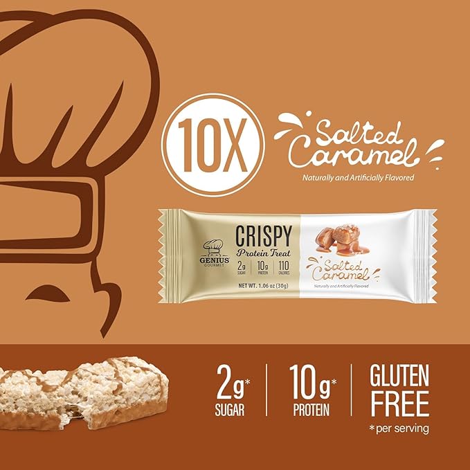 Genius Gourmet Crispy Protein Treat, Salted Caramel, Keto Snack, Low Carb, Low Sugar & Gluten Free, Protein Snacks for Adults, 10G of Whey Protein per Protein Bar, 5 Net Carbs, On The Go Snack, 10 CT