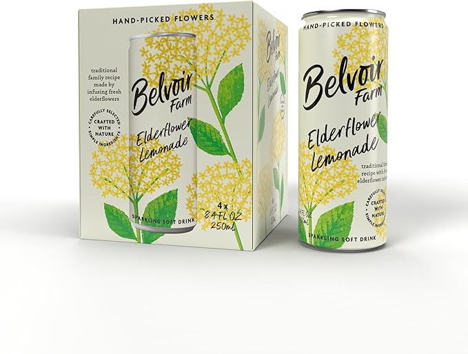 Belvoir Farms Sparkling Elderflower Flavored Lemonade | Delicious On It's Own Or As A Mixer | Product of The UK | 4 Cans, 8.4 fl oz (250mL)