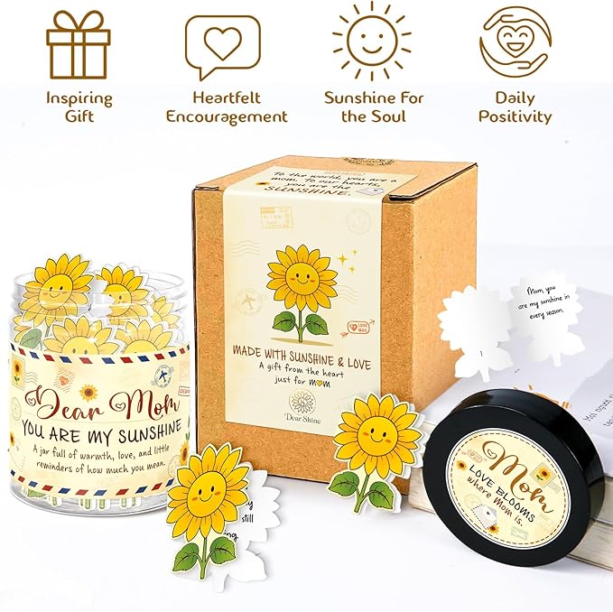 Mom Affirmation Jar – You Are My Sunshine Gift - Mom Birthday Gifts From Son, Daughter - Mothers Day, Christmas, Birthday Gifts For Moms - 60 Positive Sunflower Affirmation Cards
