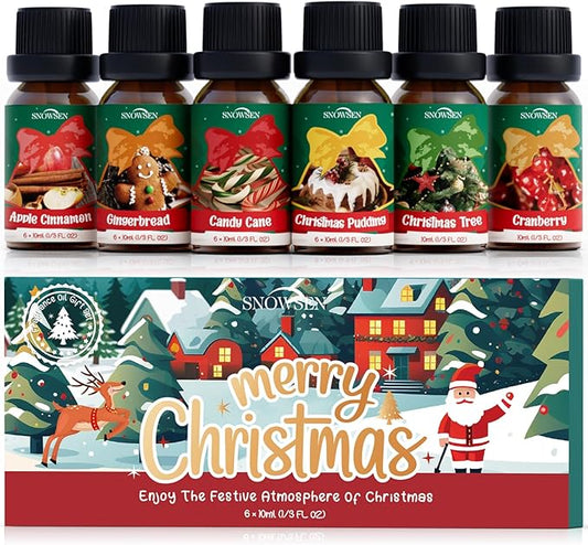 Christmas Fragrance Oil Set, SNOWSEN Winter Essential Oils for Diffuser & Aromatherapy, Apple Cinnamon, Christmas Pudding, Candy Cane, Gingerbread, Cranberry Scented Oil for Candle Making