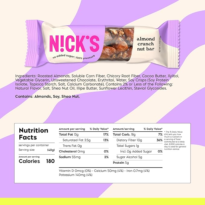 N!CK'S Nick's Keto Nut Bar, Almond Chocolate, Keto Nut Snack for Sports, Hiking & Outdoor Activities, 1G sugar, 3G net carbs, healthy snack, (pack of 12), 12.0 Count, 40.0 grams