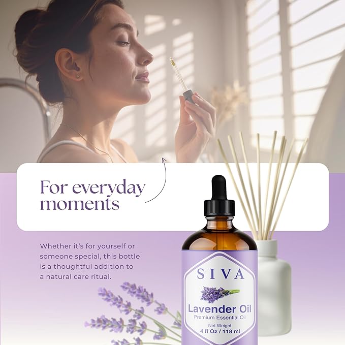 SIVA Lavender Essential Oil - 4 Fl Oz – Natural Lavender Oil - for Diffuser, Face, Skin Care, Aromatherapy, Hair Care, Scalp and Body Massage - with Dropper