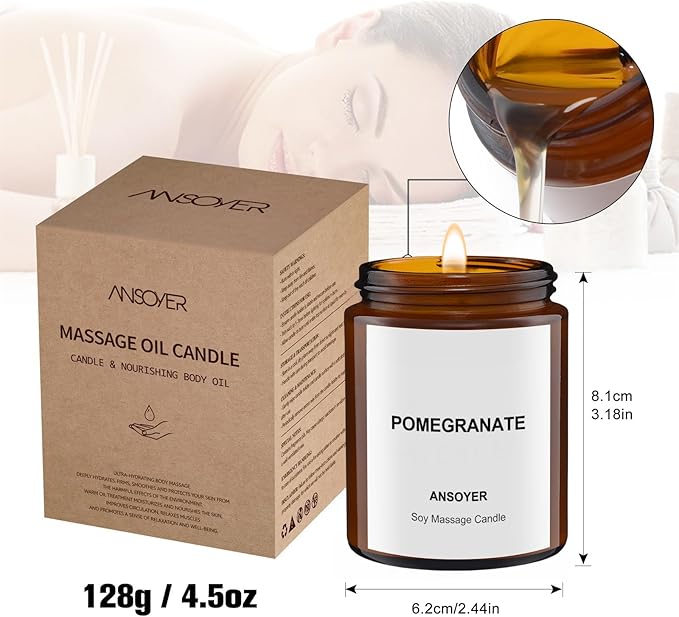 Massage Oil Candle, Romantic Gift SPA Use Home Scented Candle Body Oil, Ultra Hydrating Body Care with Soybean Oil, 4.5oz (Pomegranate)