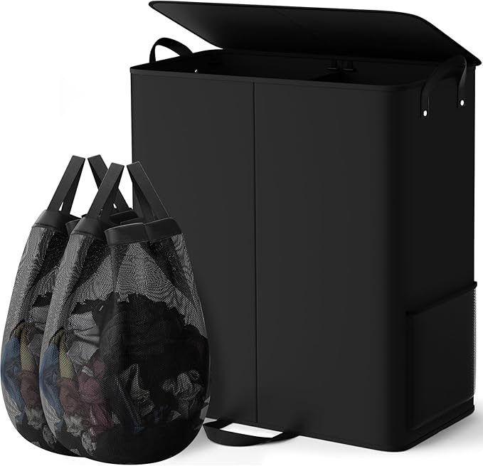 Large Double Laundry Hamper with Lid, Removable Bags & Reinforced Handles, 2 Section Tall Laundry Basket, Dirty Clothes Hampers for Laundry Room, Bedroom, Bathroom, Dorm, 155L, Black
