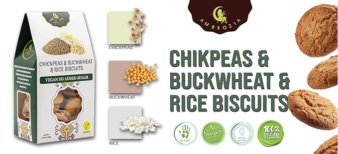 Ambrozia Vegan Snack Biscuits – Chickpeas, Buckwheat & Rice - Soft Baked, No Added Sugar, Clean Label, High Fiber & Wholesome Ingredients, Kid-Friendly, Healthy Snacks for Active Lifestyles, 4.58 Oz