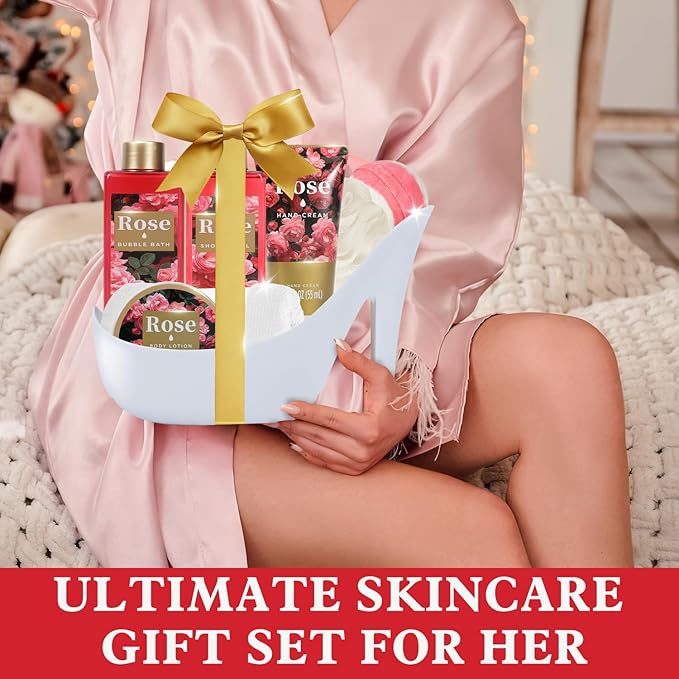 Romantic Rose Gifts for Women Spa Gift Basket, Bath Set with Bath Bombs & Body Lotion, Anniversary Valentine's Day Gifts for Her, Wife, Girlfriend