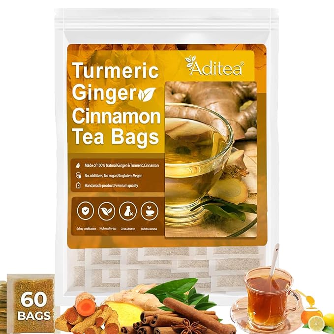 60 Bags Premium Turmeric Ginger Cinnamon Tea Bags Organic,100% Natural Ginger Turmeric Herbal Tea,Supports Digestion,Skin Health & Sleep,Veganism No Sugar, No Caffeine, No Gluten (1)