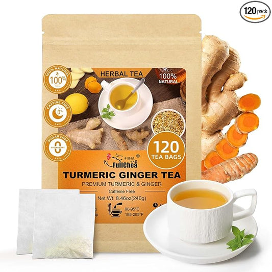 FullChea - Turmeric Ginger Tea Bags, 2g×120 Count - Premium Ginger & Turmeric - Non-GMO - Caffeine-free-Boost Immunity & Aid Digestion
