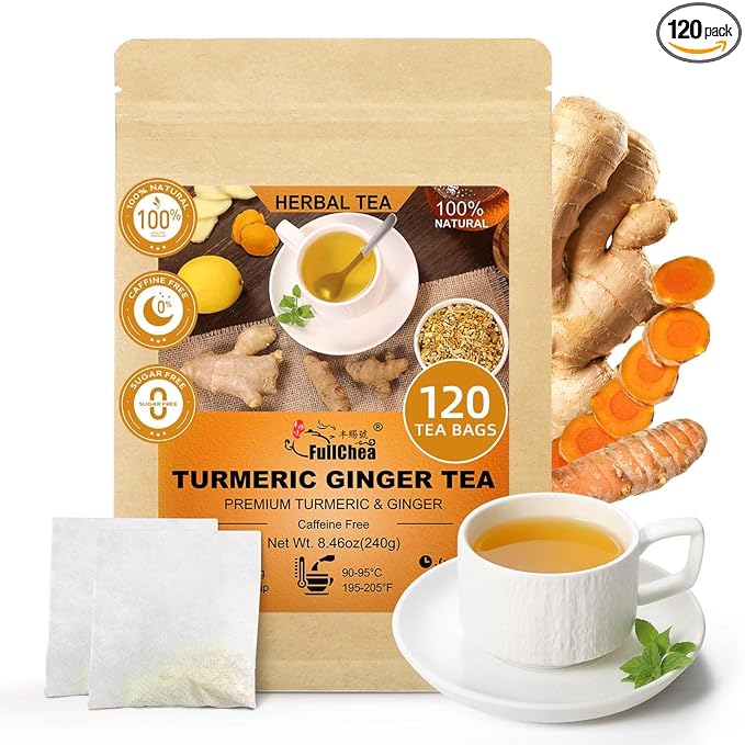 FullChea - Turmeric Ginger Tea Bags, 2g×120 Count - Premium Ginger & Turmeric - Non-GMO - Caffeine-free-Boost Immunity & Aid Digestion