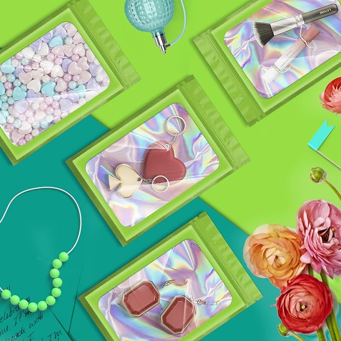 100 Pieces Smell Proof Mylar Bags, Holographic Packaging Bags, Resealable Odor Foil Pouch Zipper Bag with Clear Window for Food Storage and Lipgloss, Jewelry Lash(Green, 6.3 x 9.4 Inch)