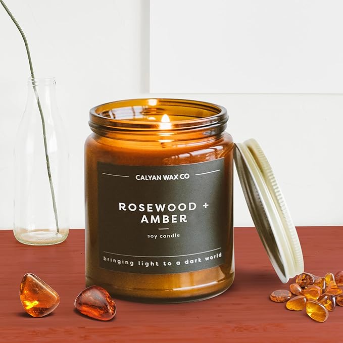 Calyan Wax Co. Soy Wax Candle, Rosewood + Amber Scented Candle, 57 Hour Burn Time, Aromatherapy Soy Candles, Non Toxic & Vegan Soy Wax, Amber Glass Jar Scented Candles, 7.2oz