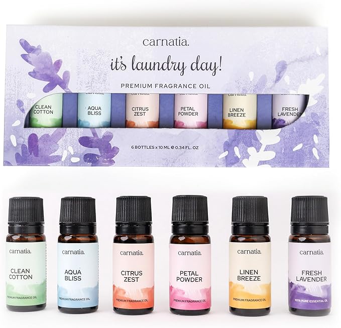 Carnatia Laundry Day Fragrance Oil Set – 6 Fresh & Clean Scents for Laundry, Linens & Home | Aromatherapy Oils for Dryer Balls, Diffusers & Room Freshening