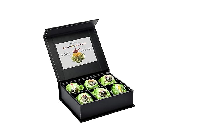 Creano Tea Flowers Mix 6pcs Set Blooming Tea Green Tea in Elegant Magnetic Box with Silver Embossing