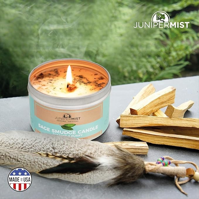 Sage Smudge Candle with White Sage Leaf (6oz) Manifest & Cleanse - Pure Sage Energy Cleansing Candle for Meditation – Spiritual for Protection & Intention – Soy Wax - Made in USA