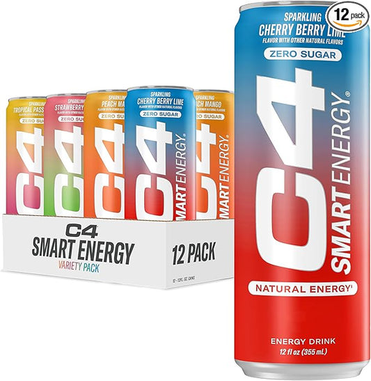 Cellucor C4 Smart Energy Drinks Variety Pack, Sugar Free Performance Fuel & Nootropic Brain Booster, Coffee Substitute or Alternative, 4 Flavor Tropical Oasis Variety 12 Pack