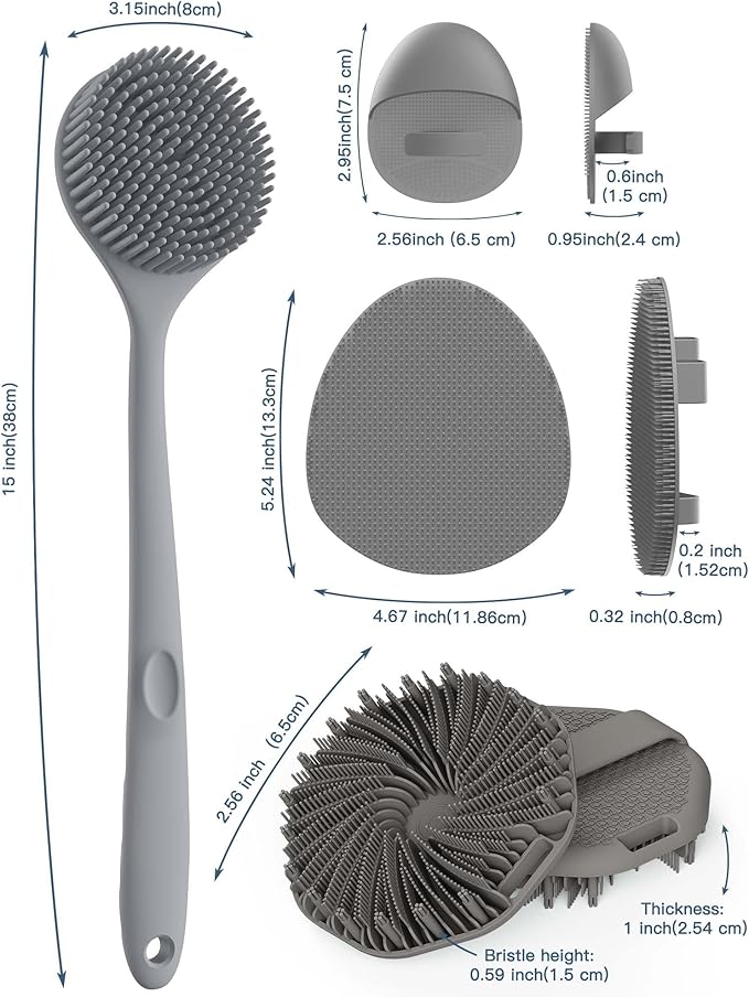 Manmihealth Silicone Back Scrubber & Soft Bath Glove, Silicone Scalp Massager Set 5 PCS, Super-Exfoliating Body Scrubber Shower Brush & Shampoo Brush Combination, with 2 Free Hooks (Style 2 Gray)