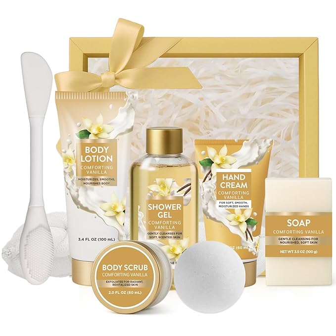 Cozy Vanilla Gift Sets for Women, 8 Piece Bath and Body Care with Bubble Bath, Relaxing Spa Gifts for Mom or Friend, Self Care Gift Basket Set Includes Body Scrub, Hand Cream, Soap for Birthdays