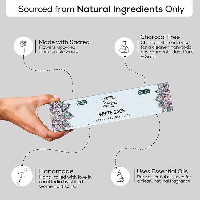 Raajsee White Sage Incense Sticks (180 gm), 100% Pure Organic Natural Hand Rolled Free from Chemicals - Perfect for Aromatherapy, Cleansing, Meditation, and Church (Pack of 12)
