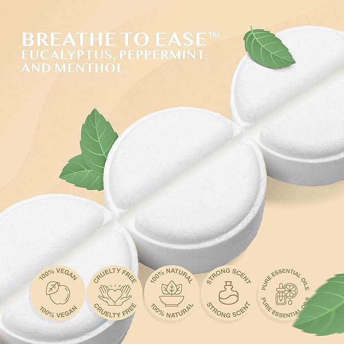 Breathe to Ease Shower Steamers by Terra Essentials – 12 Showers Aromatherapy Tablets with Eucalyptus & Mint, Natural, Made in USA, Stress Relief & Relaxation Gift