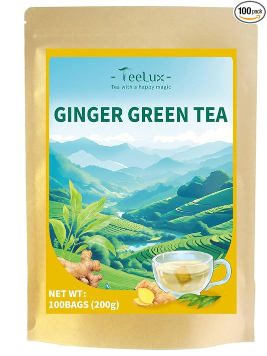 TeeLux Ginger Green Tea, Brisk Green Tea with Spicy Ginger, Zesty & Warm Flavor, Low Caffeine, 100 Count