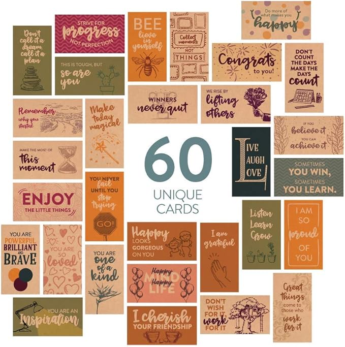 DIVERSEBEE 60 Pack Assorted Inspirational Kraft Cards - Motivational Kindness Mini Note Cards, Encouragement Affirmation Card Set, 60 Unique Motivational Quotes - Business Card Size (Kraft)