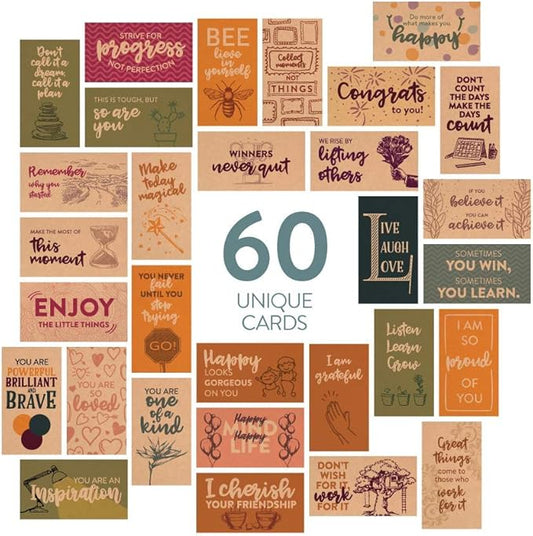 DIVERSEBEE 60 Pack Assorted Inspirational Kraft Cards - Motivational Kindness Mini Note Cards, Encouragement Affirmation Card Set, 60 Unique Motivational Quotes - Business Card Size (Kraft)