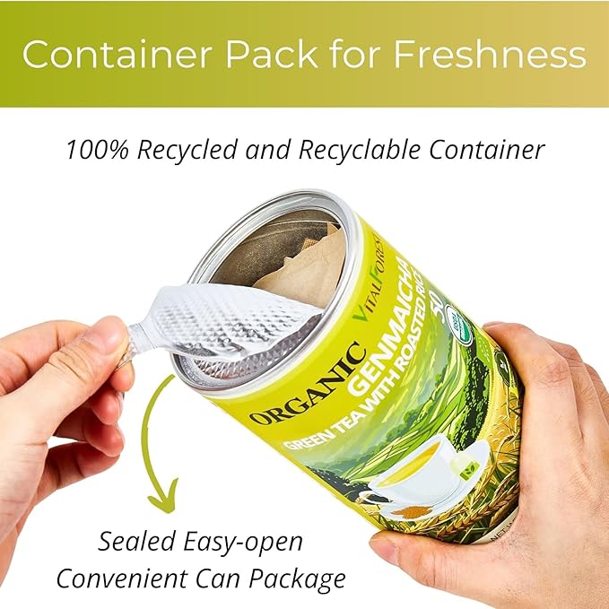 5.29oz Organic Genmaicha Green Tea with Roasted Rice, 50 Count, Unbleached, ECO-Conscious Genmaicha Tea Bags, VitalForest Roasted Green Tea Brown Rice Tea