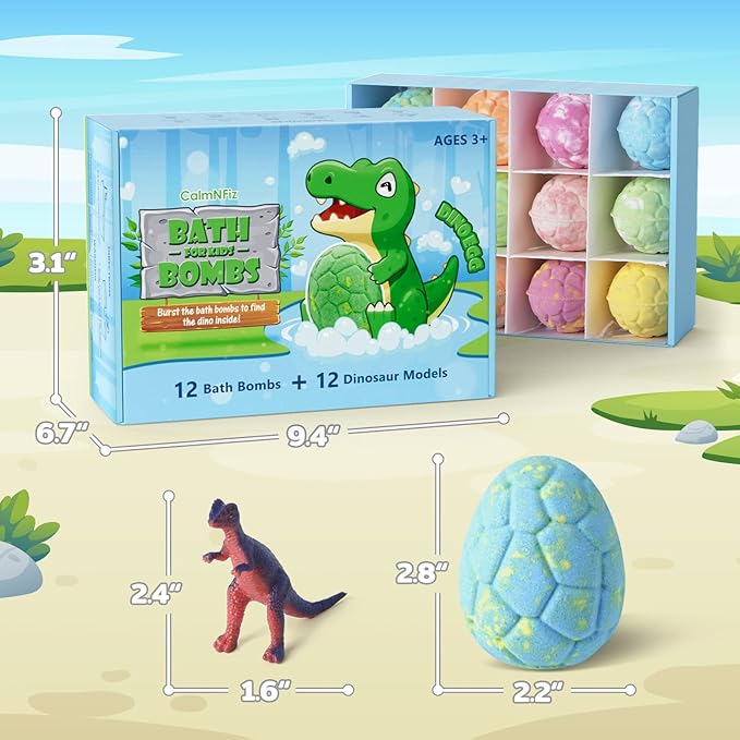 Bath Bombs with Surprise Dinosaur Toys Inside, 12 Pack Organic and Natural Bubble Bath Bombs, Stocking Stuffers for Kids, Bath Bomb Set for Her/Him,Mothers Day Presents for Mom