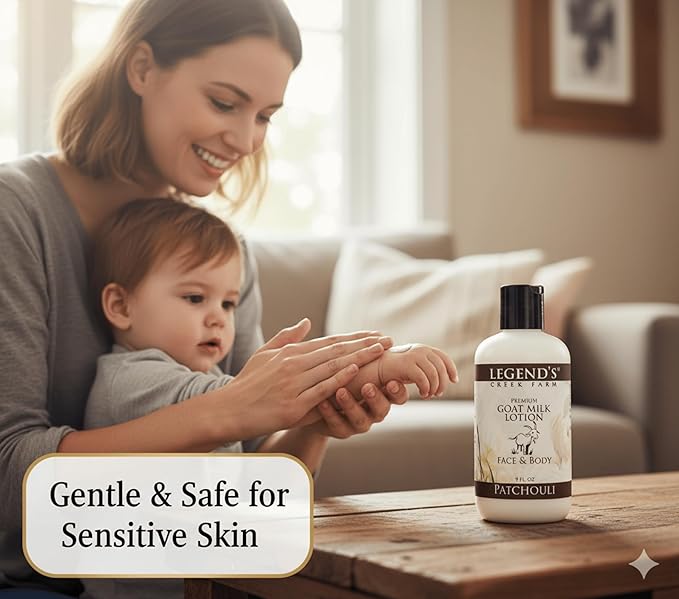 Legend's Creek Farm Goat Milk Lotion - Deeply Moisturizing Goat Milk Body Lotion for Body, Hand & Face - 9 oz Body Moisturizer with Shea Butter, Sunflower Oil, Aloe, Handmade in USA (Patchouli L.)