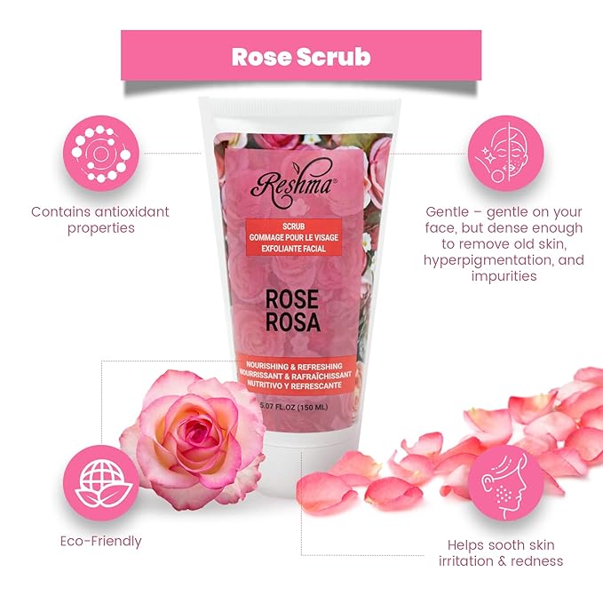 Reshma Beauty Rose Scrub, Dual Action Cleanser Face & Body Scrub, Gentle for All Skin Types and Dull Skin, Smoothing and Softening, Balances and Nourishes Skin, Cruelty-Free, 5.07 oz, Pack of 1