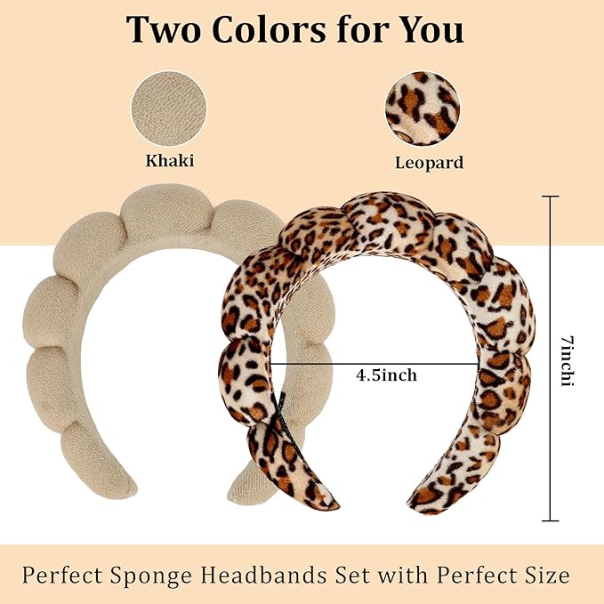 AMCAMI 2 PCS Puffy Spa Headband for Women Sponge Headbands for Girls Terry Towel Cloth Fabric Head Band for Face Washing (Brown & leopard print)
