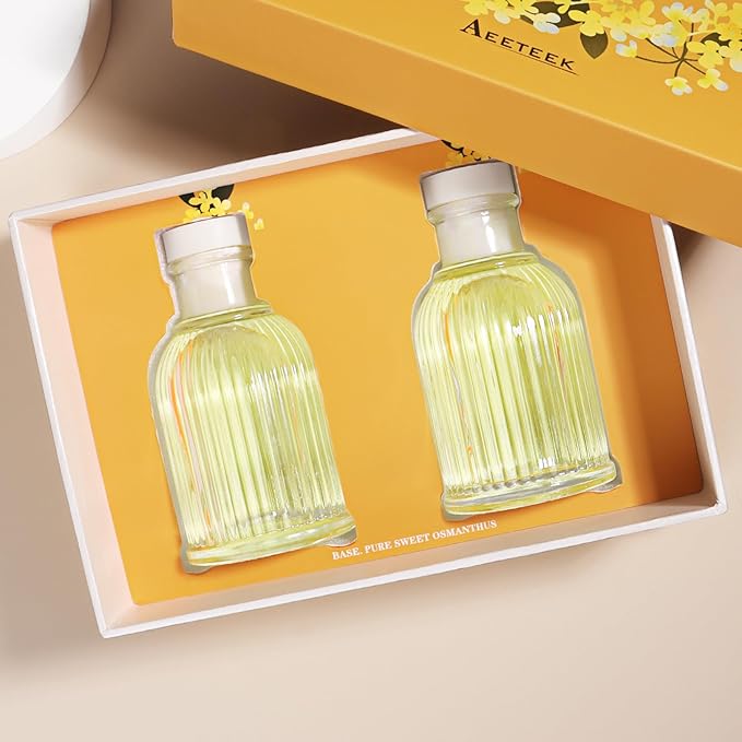 2-Pack Osmanthus Reed Diffuser Set, Kumquat Aroma Essential Oils, Amber Scented Oil Home Fragrance with 10pcs Sticks, Aromatherapy Air Freshener for Room Shelf Bathroom Decor