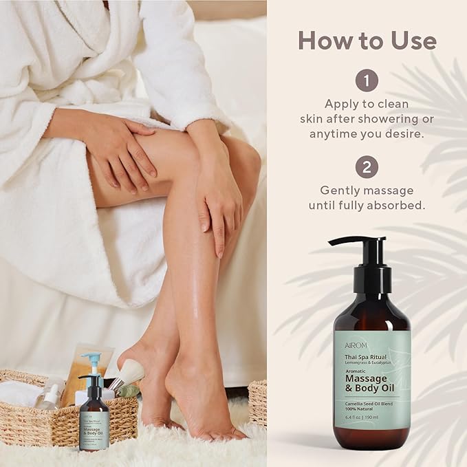 AiROM Lemongrass & Eucalyptus Massage Oil for Massage Therapy – Thai Spa Ritual - Scented Body Oil for Women – Hypoallergenic, Relaxing Aromatherapy, Non-Greasy, Nut-Free - 6.4 fl oz