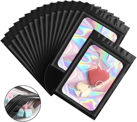 100 Pieces Smell Proof Mylar Bags, Holographic Packaging Bags, Resealable Odor Foil Pouch Zipper Bag with Clear Window for Food Storage and Lipgloss, Jewelry Lash(Black, 3 x 4.7 Inch)