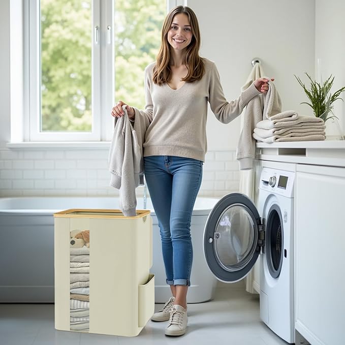 Laundry Basket Clothes Hamper with Lid and Pocket Large Collapsible Laundry Baskets with Handle, Freestanding Hampers for Bedroom Aesthetic, Dorm, Bathroom, Laundry Room (80L, Beige)
