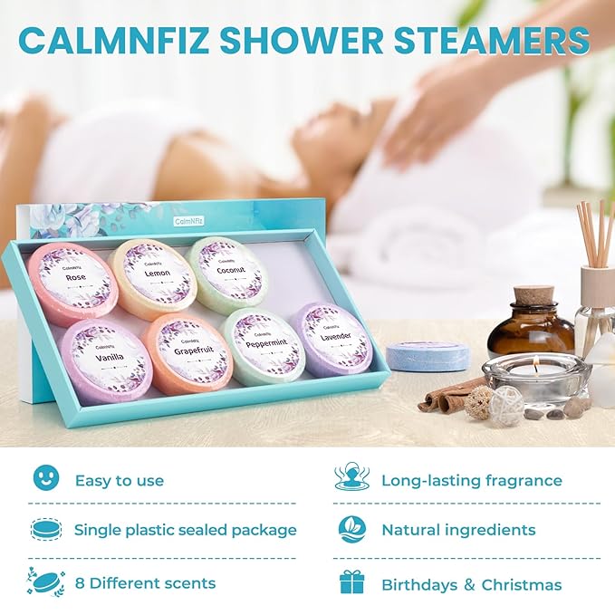 Shower Steamers 8 Pack Set Shower Bombs Tablets in Box with 8 Fragrances with Shea Butter for Self-Care & Relaxation, Idea for Mother's Day, Women and Men