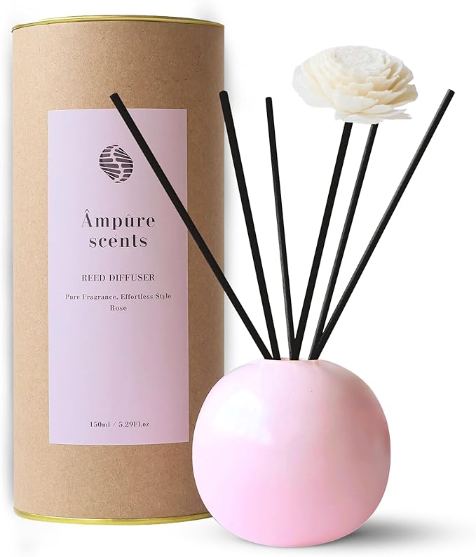 Ceramic Reed Diffuser for Home, Ampure Rose Fragrance (2X Stronger, 4 to 6 Months of Usage) in a Scent Bowl - 5 Natural Fiber Reed Sticks & Decorative Flower Set, Office Decor, Eco-Friendly
