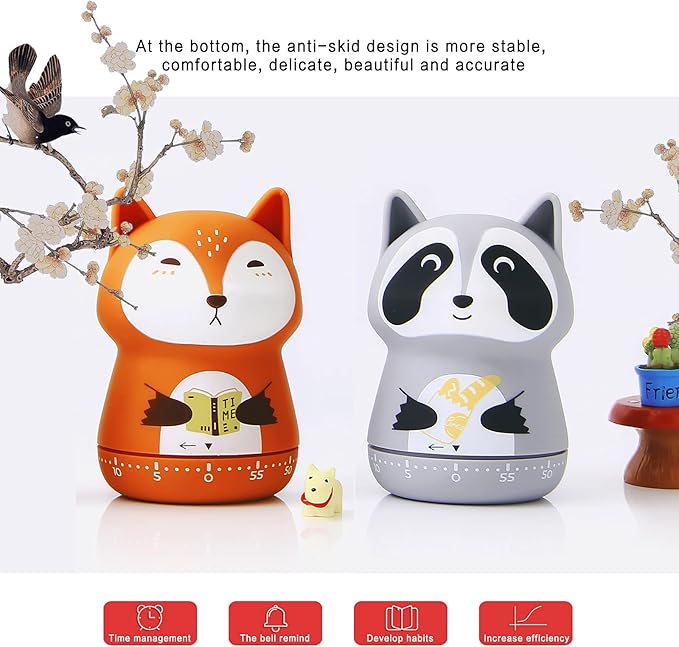 2 Pack Cute Kitchen Timer,100% Mechanical Timer for Kids,60 Minute Egg Timer for Cooking/Reading/Do Sports. (Fox and Raccoon)